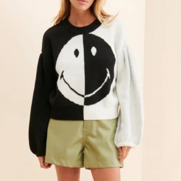 Farm Rio x Smiley Icon Sweater Womens XS Black White Two Tone Oversized - Picture 1 of 12